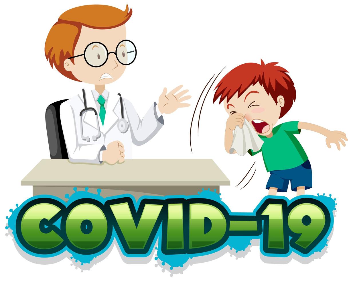 affiche de covid-19 avec un médecin et un garçon qui tousse vecteur