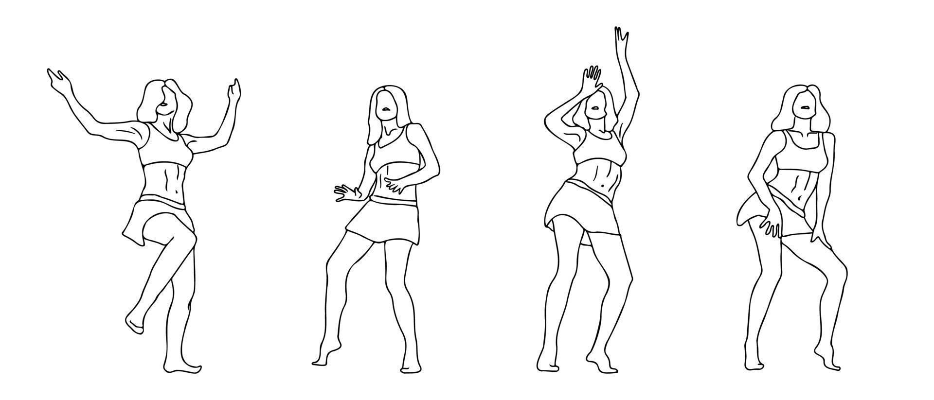 ensemble de dames de danse de contour noir. filles en jupe courte dansant dans différentes poses. les figures de femmes encrent des illustrations vectorielles de style dessinés à la main. vecteur