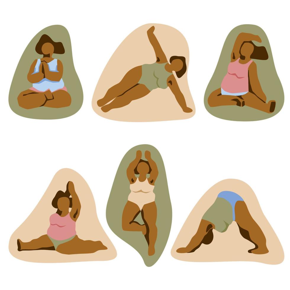 séance d'entraînement de femme abstraite de taille plus dans des poses de yoga. ensemble d'icônes de dame bodypositive. fille en surpoids active. jusqu'à chien, lotus, singe yoga pose illustration vectorielle vecteur