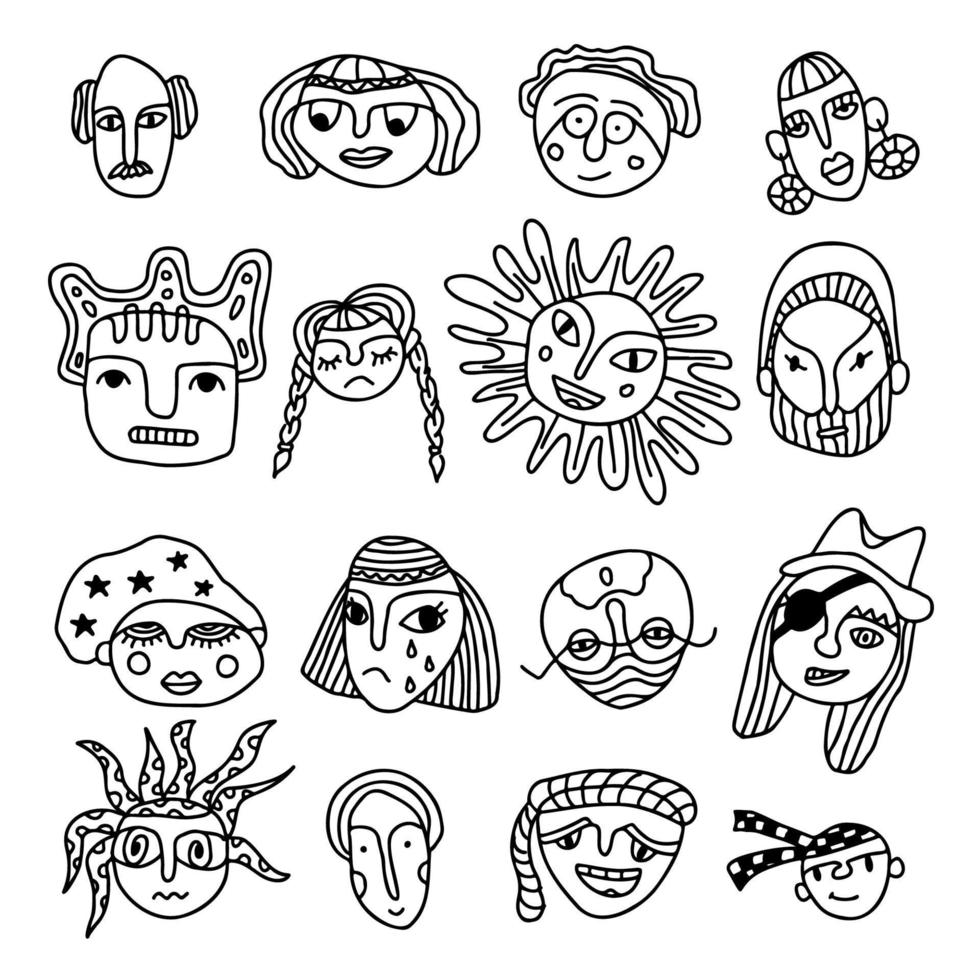 visages irréels dans un ensemble de styles dessinés à la main à l'encre. des gens surréalistes auxquels l'homme et la femme font face. portrait abstrait moderne personnages fantastiques heureux et tristes illustration vectorielle vecteur