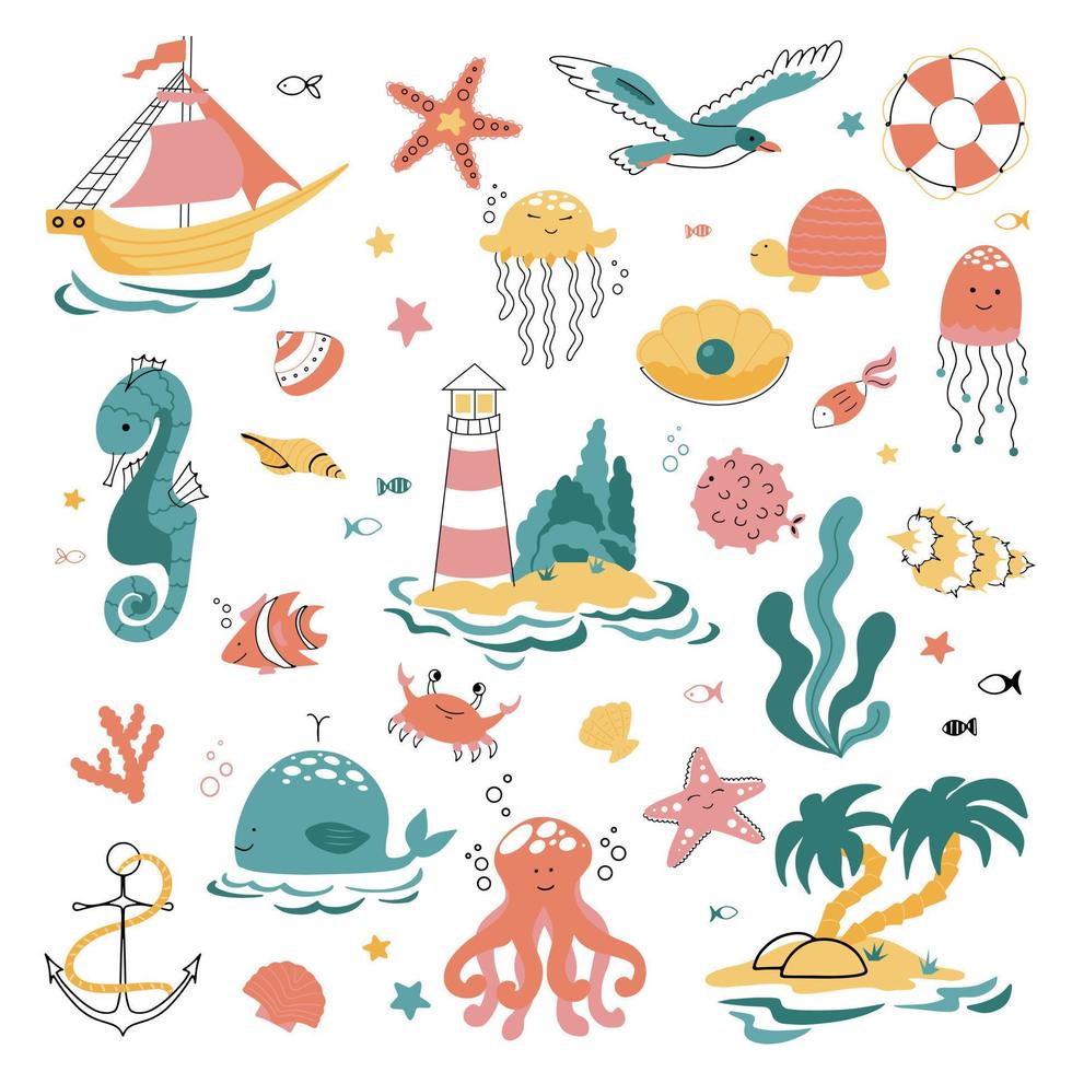 grand ensemble sur le thème de la mer, de l'océan et de la vie marine dans le style mignon des griffonnages. illustration vectorielle pour les enfants vecteur