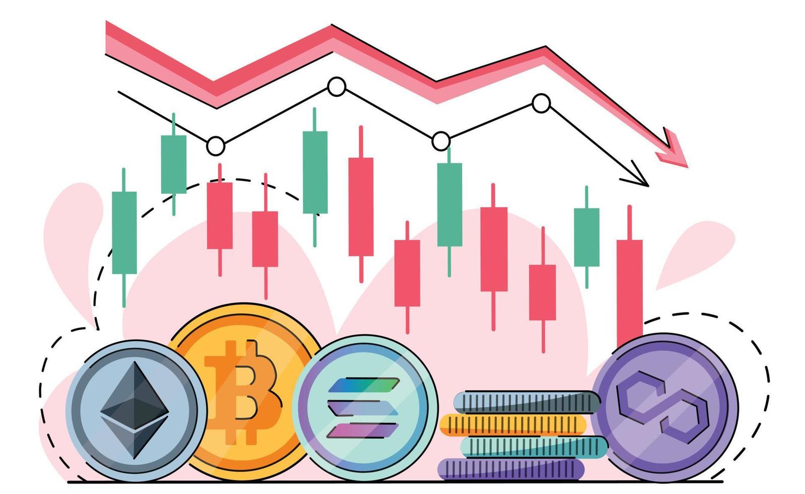 bitcoin, solana, polygone, ethereum les pièces tombant portent une flèche rouge vers le bas sur le marché de la crypto-monnaie. marché baissier. tendance crypto à la baisse. logo japonais de bougies et de pièces de monnaie. vecteur isolé sur blanc