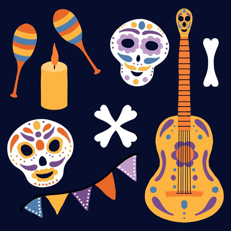 jour de l'ensemble des morts. Le jour des morts au Mexique. illustration vectorielle. collection de crânes, maracas, guitare, os. vecteur