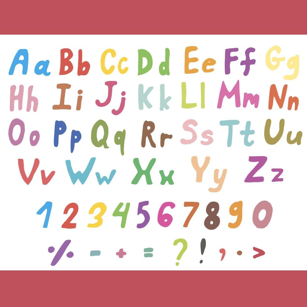 alphabet multicolore stylisé et chiffres sur fond blanc. image vectorielle. vecteur