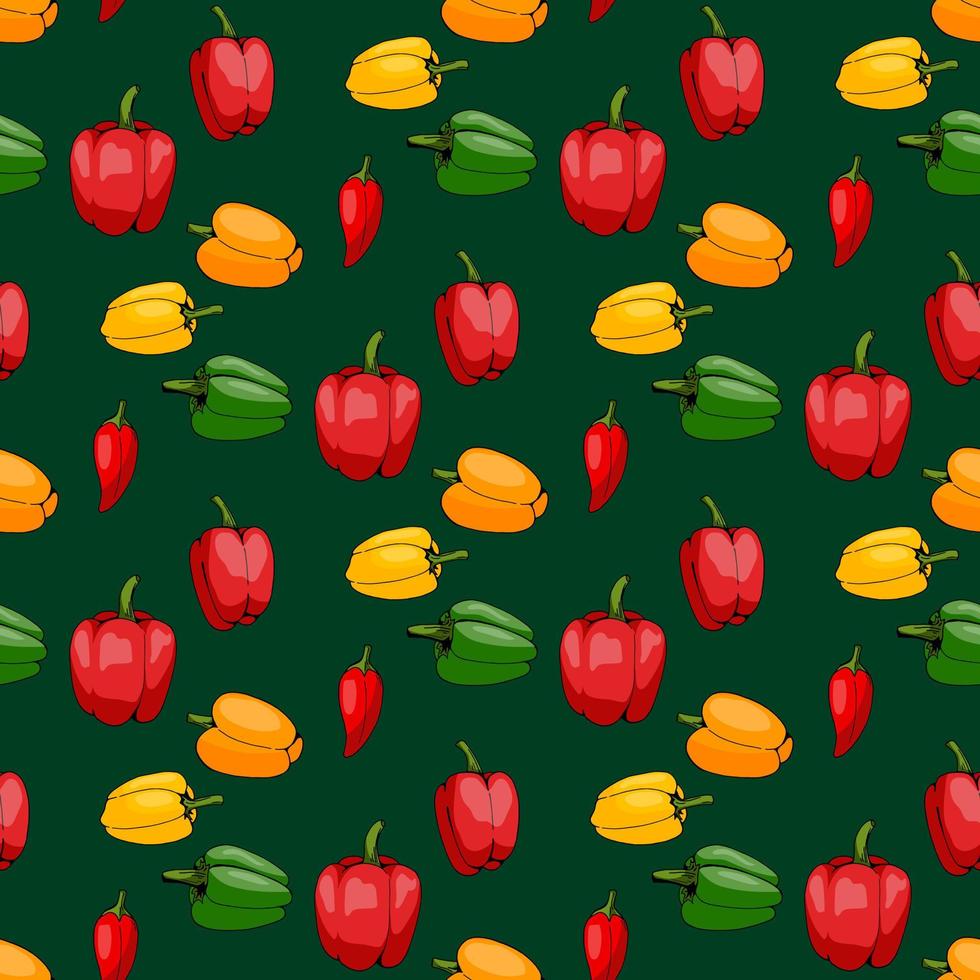 modèle sans couture avec des poivrons rouges, verts, jaunes et orange positifs élégants sur fond vert foncé pour le tissu, le textile, les vêtements, la nappe et d'autres choses. image vectorielle. vecteur