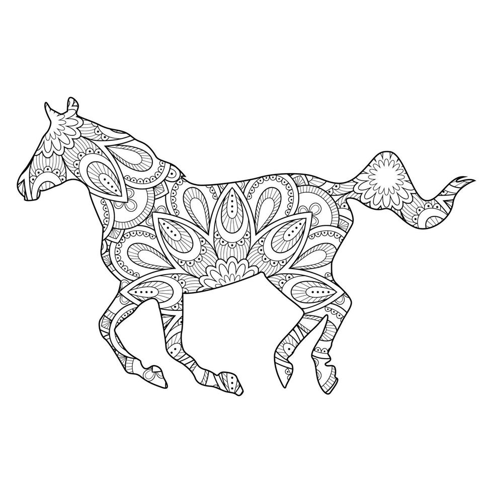 page de coloriage de mandala de cheval pour enfants et adultes, illustration de style de conception d'art vectoriel de mandala animal.