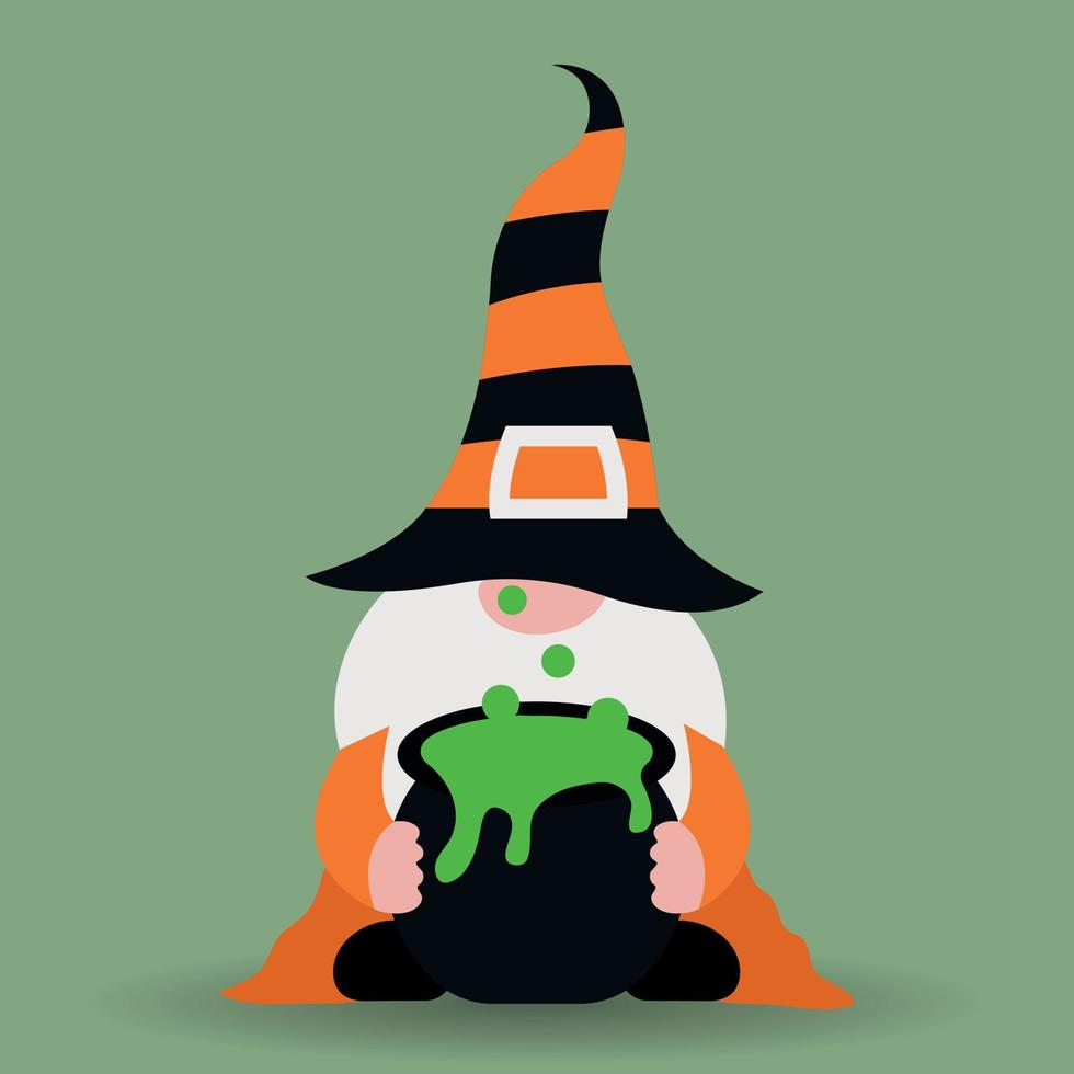 dessin animé halloween gnome avec chaudron de potion. vecteur isolé. idéal pour la conception par sublimation, les impressions.
