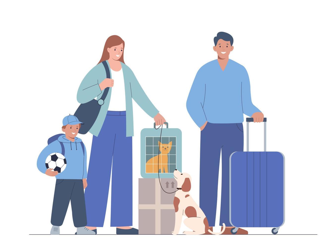 la famille part en vacances. mère, père, enfant, chat et chien voyagent ensemble. concept de voyager avec des animaux de compagnie. vecteur