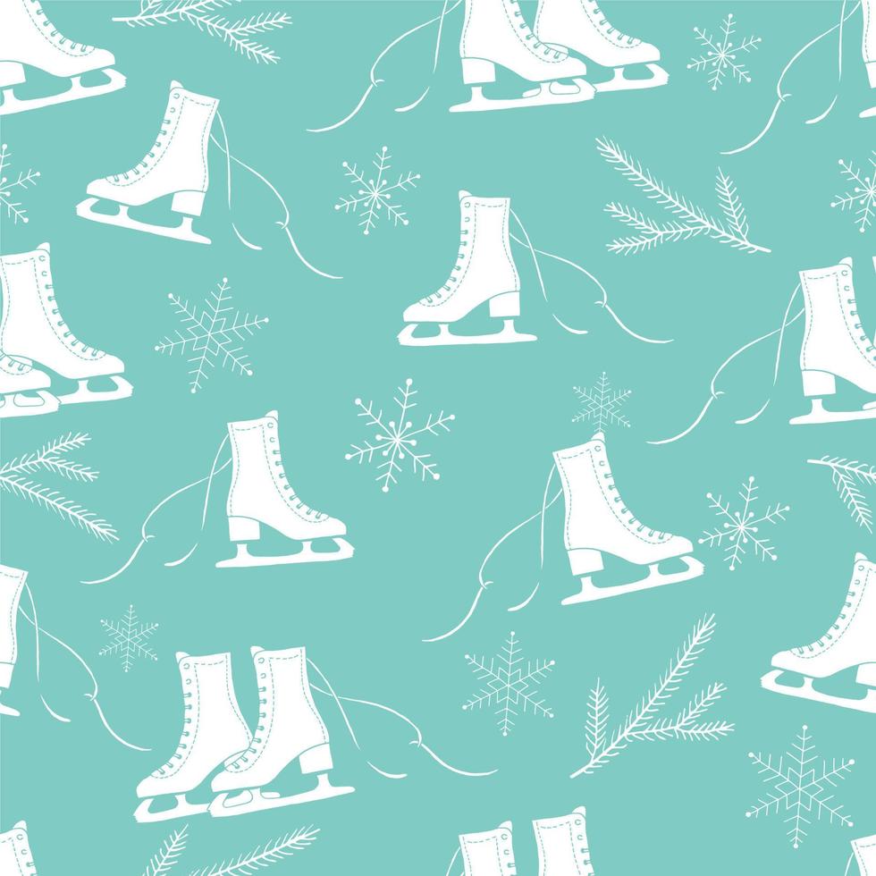 modèle sans couture sur le thème de l'hiver. patins à glace et flocons de neige sur fond vert menthe vecteur