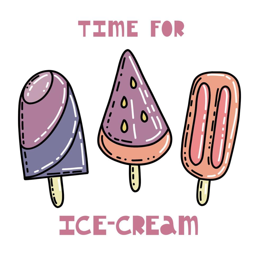 glace au chocolat colorée dessinée à la main et texte pour affiche. illustration vectorielle isolée sur fond blanc. vecteur