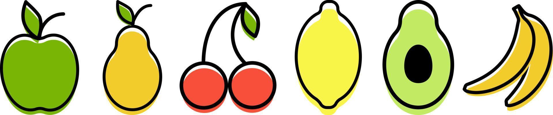 icônes de fruits. illustration vectorielle isolée sur fond blanc. banane citron pomme avocat cerise poire. vecteur