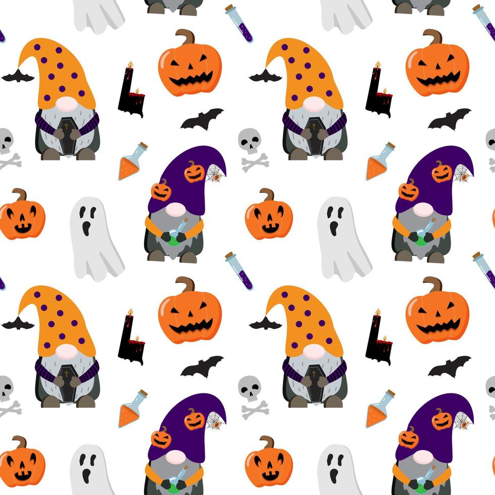 modèle sans couture d'halloween avec des gnomes, des citrouilles effrayantes, des fantômes, des potions, des bougies noires. illustration vectorielle. isolé sur fond blanc. vecteur