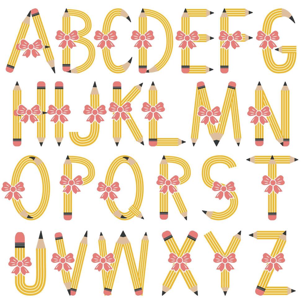 alphabet anglais de crayons décorés de ruban, lettres, illustration vectorielle de couleur isolée vecteur
