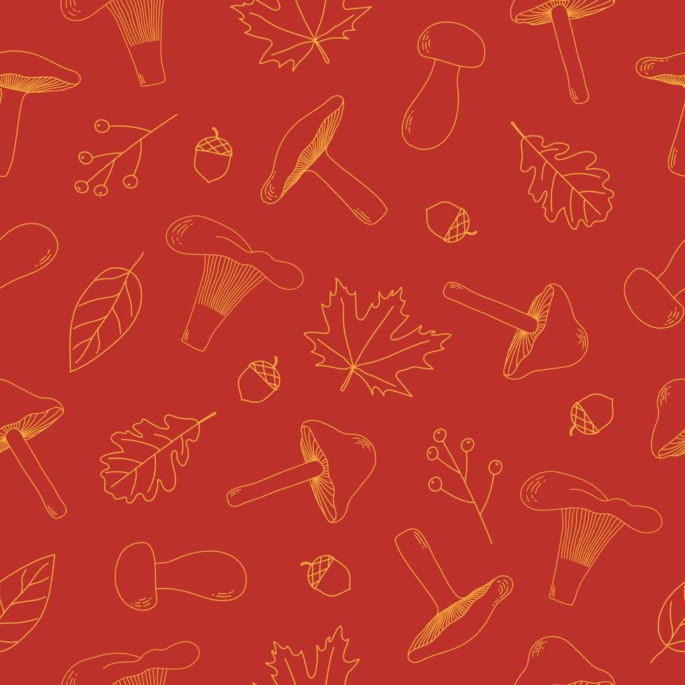 champignon et feuilles d'automne modèle sans couture. dessin au trait champignons jaunes, feuilles d'automne et glands sur fond rouge. texture d'automne pour le tissu, l'emballage, le textile, le papier peint, l'habillement. vecteur