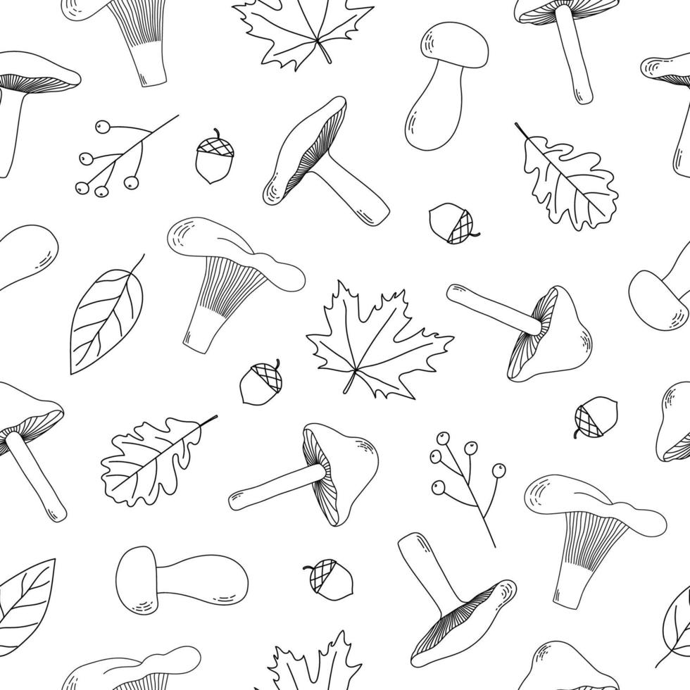 champignon et feuilles d'automne modèle sans couture. dessins au trait champignons noirs, feuilles d'automne et glands sur fond blanc. texture d'automne pour le tissu, l'emballage, le textile, le papier peint, l'habillement. vecteur