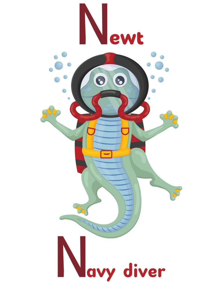 alphabet latin abc professions animales commençant par la lettre n newt plongeur de la marine en style cartoon. vecteur