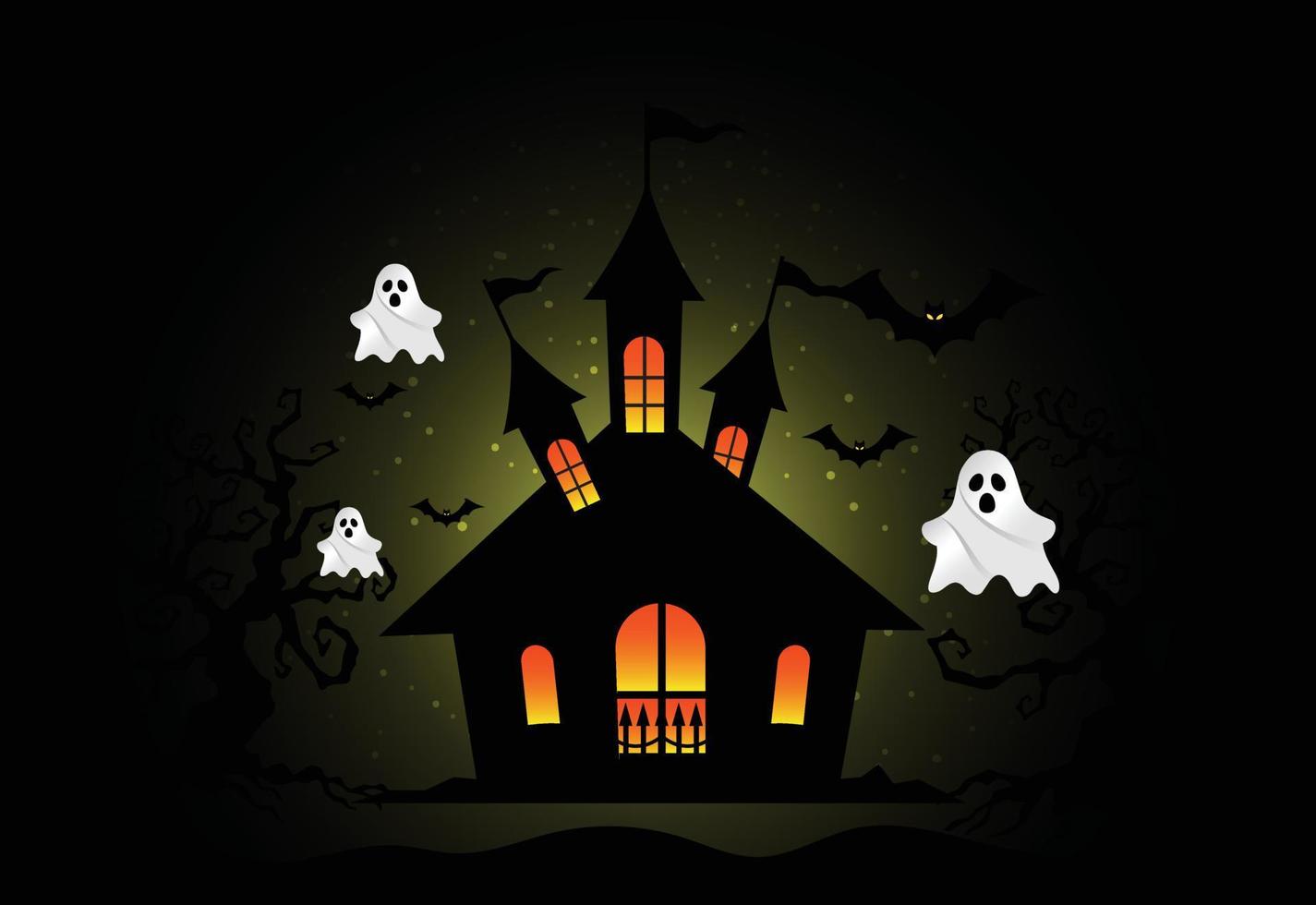fond d'halloween avec maison hantée et fantôme. modèle de conception de vecteur