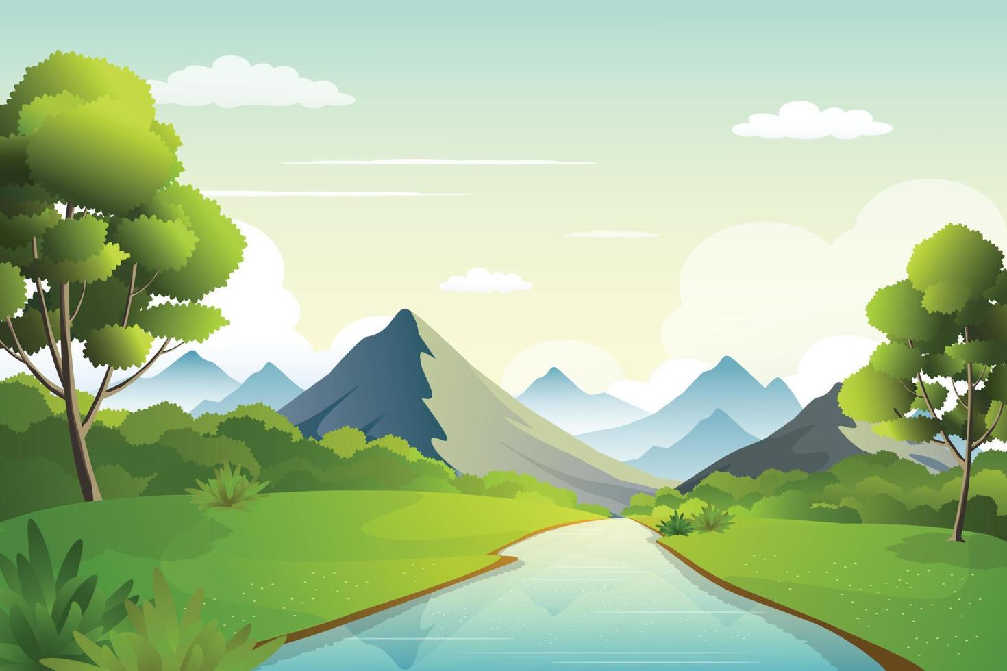 paysage naturel du bord de la rivière avec chaîne de montagnes à l'horizon, arbres, buissons et illustration vectorielle de paysage fluvial vecteur