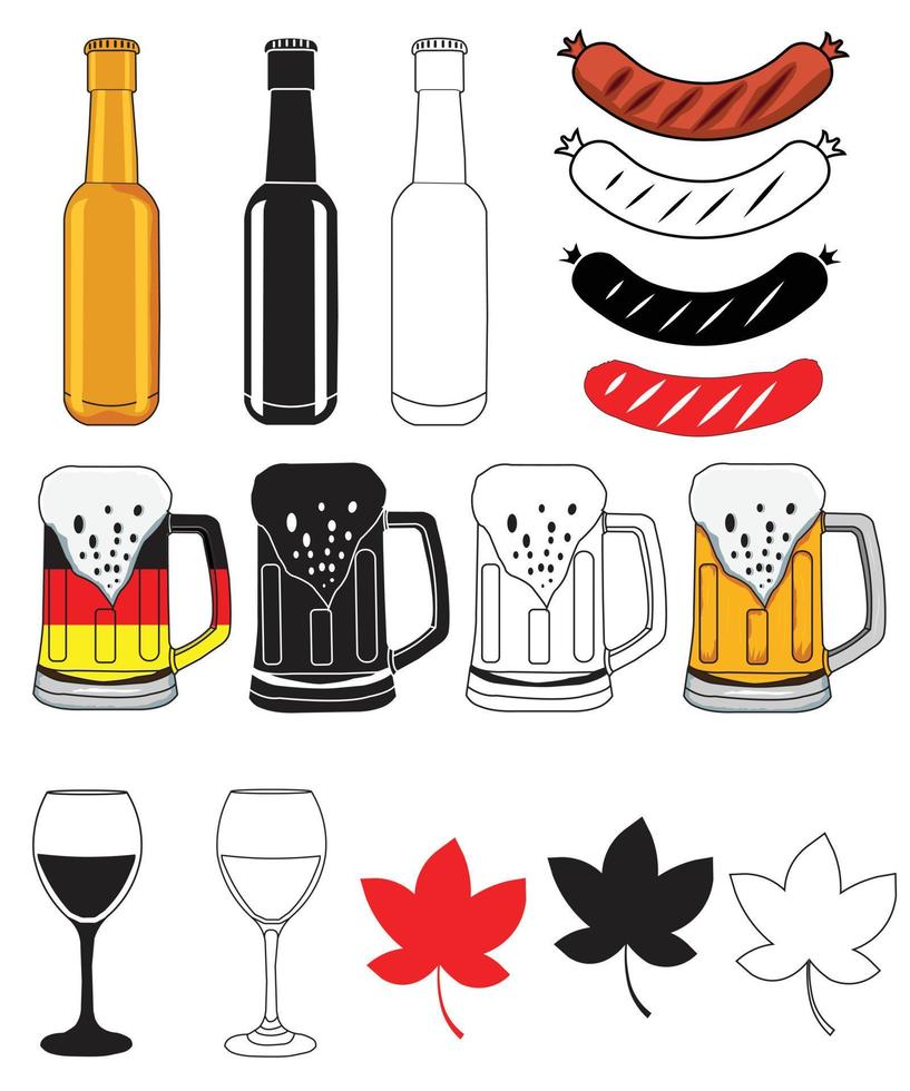 bouteille de bière, chopes à bière, verre à bière, silhouette d'élément de bière, silhouette d'élément oktoberfest vecteur