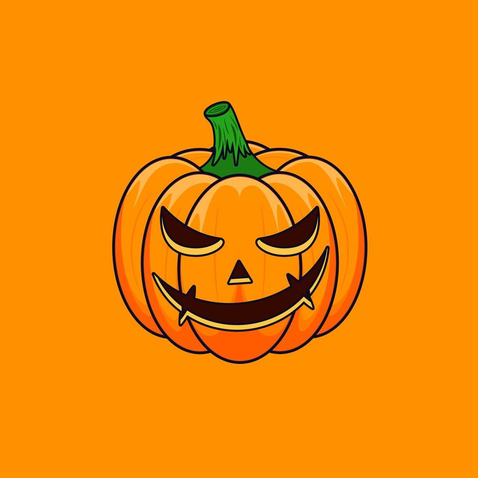 citrouille de contour de dessin animé halloween isolé sur fond orange. le symbole principal des joyeuses fêtes d'halloween. citrouille fantasmagorique orange avec un sourire effrayant vacances halloween. vecteur