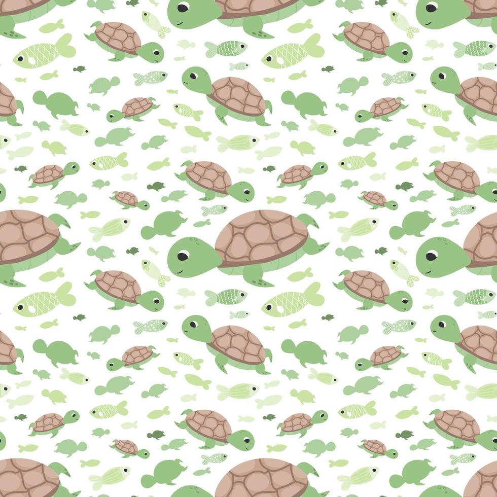 joli motif de tortue avec des poissons sur fond blanc pour papier peint enfantin ou papier d'emballage, impression de tissu, graphique vectoriel coloré