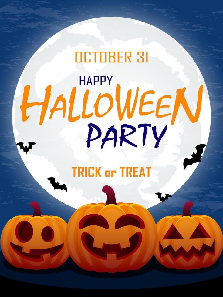 Fête d'Halloween. conception d'affiches d'halloween avec citrouilles, chauves-souris et pleine lune. vecteur de modèle de dépliant