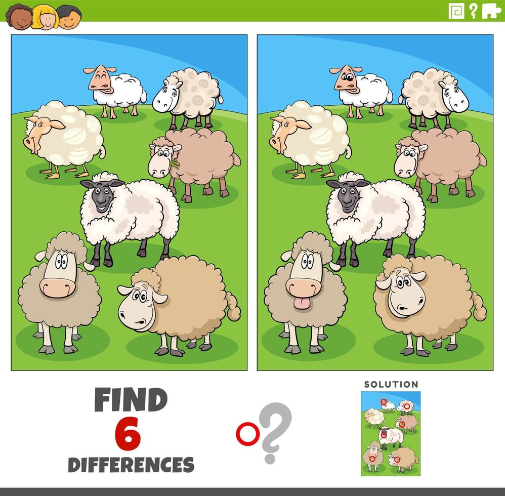 jeu de différences avec des personnages d'animaux de ferme de moutons de dessin animé vecteur