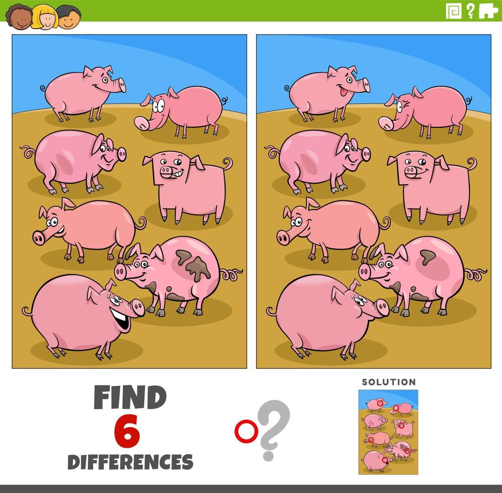 jeu de différences avec des personnages d'animaux de ferme de cochons de dessin animé vecteur