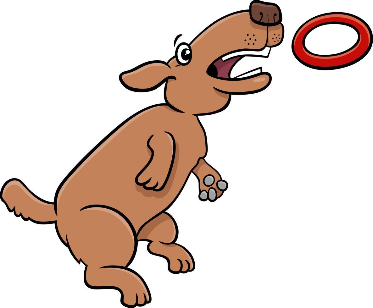chien de dessin animé sautant et attrapant un jouet de lancer d'anneau vecteur