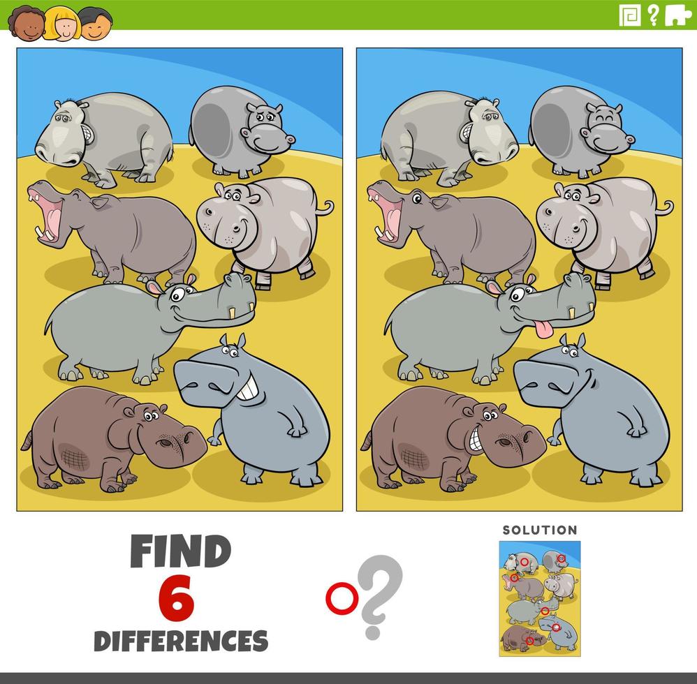 jeu de différences avec des personnages d'animaux sauvages hippopotames de dessin animé vecteur