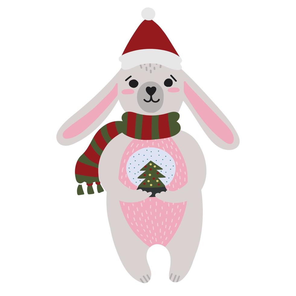 lapin de noël dans un chapeau avec une boule de noël avec un arbre de noël et de la neige pour les cartes de voeux vecteur