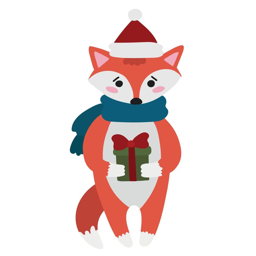 renard de noël avec boîte-cadeau de carte vecteur