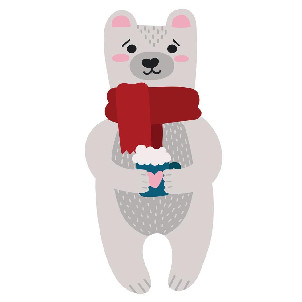 ours polaire de noël dans une écharpe avec une tasse de cacao pour cartes postales vecteur