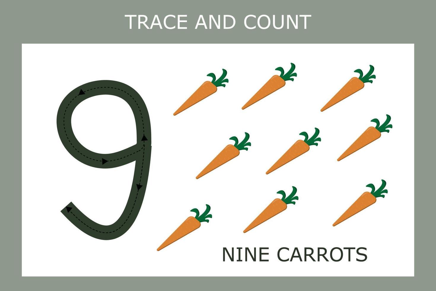 un jeu consistant à tracer les contours du chiffre neuf avec des carottes. feuille de travail préscolaire, feuille d'activité pour enfants, feuille de travail imprimable vecteur