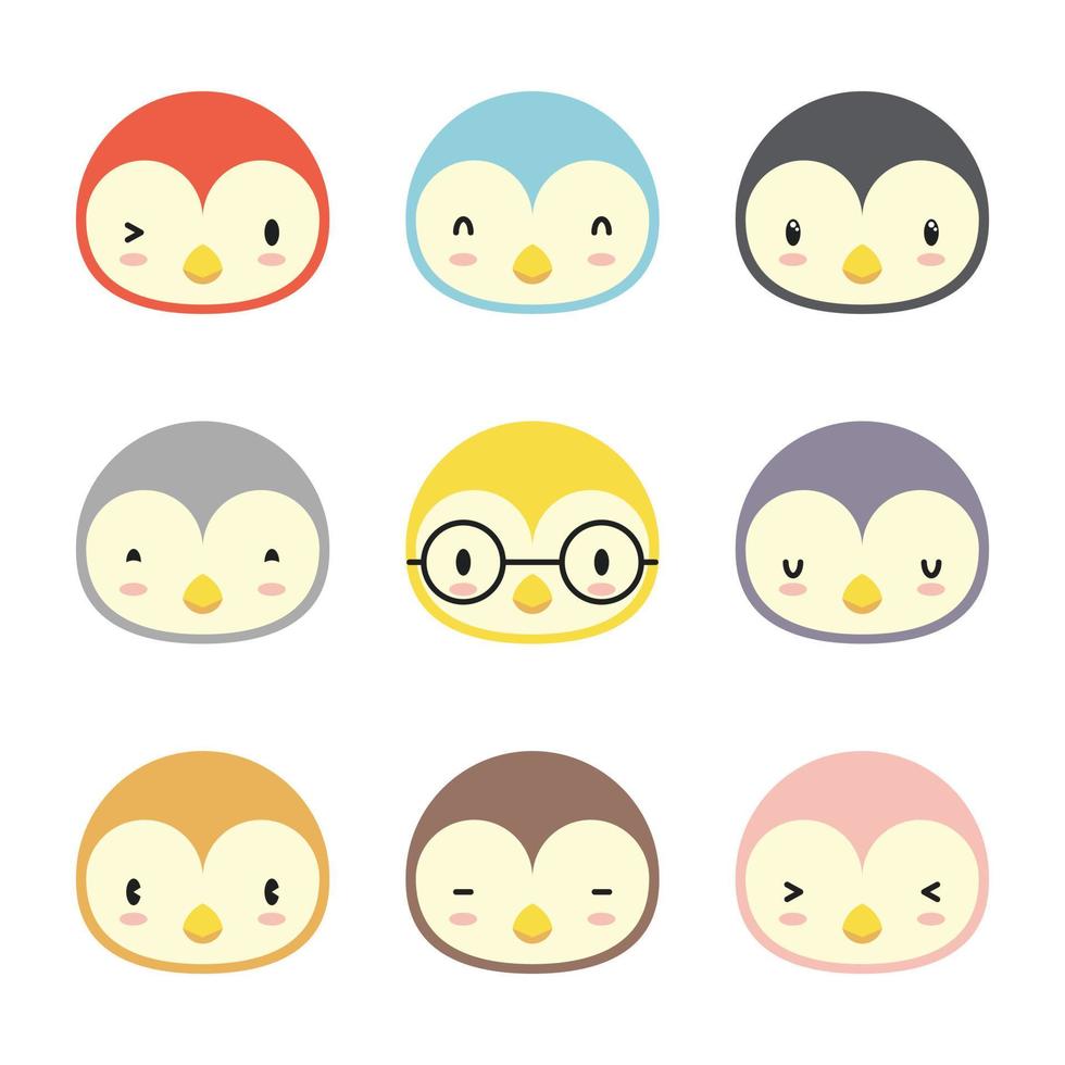 ensemble de diverses expressions faciales de pingouin avatar. adorable illustration vectorielle de tête d'animal bébé mignon. conception plate simple d'émoticône de visage de dessin animé animal souriant heureux. coloré sur fond blanc. vecteur