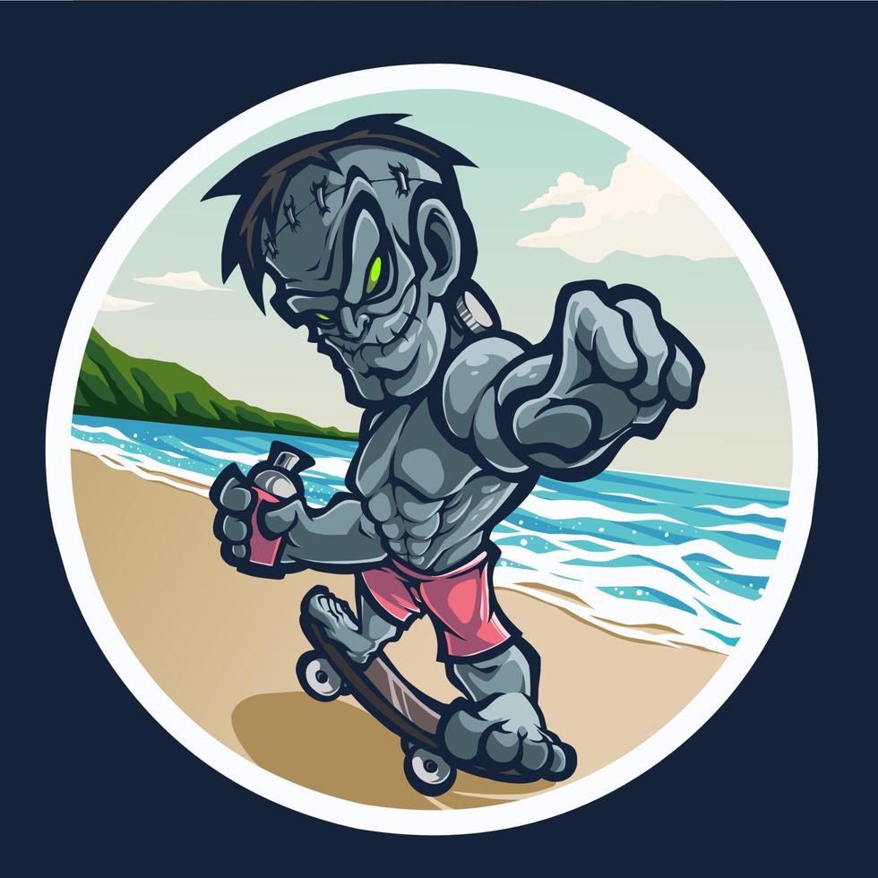 logo mascotte zombie avec planche à roulettes vecteur