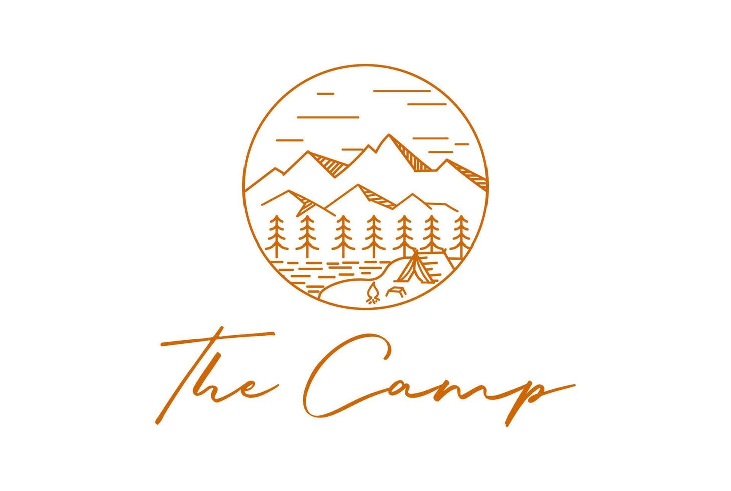 montagne de forêt de sapin à feuilles persistantes d'épinette de conifère de pin avec la tente et le feu de camp pour la conception extérieure de logo de camp vecteur