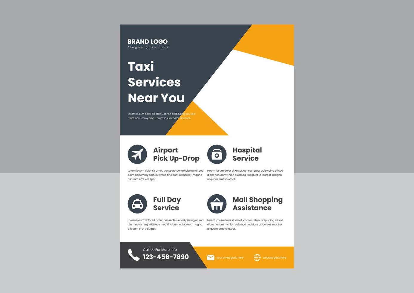 conception d'affiche de flyer de services de ramassage de taxi. le service de taxi nous appelle la conception d'affiches de prospectus en format vectoriel. vecteur