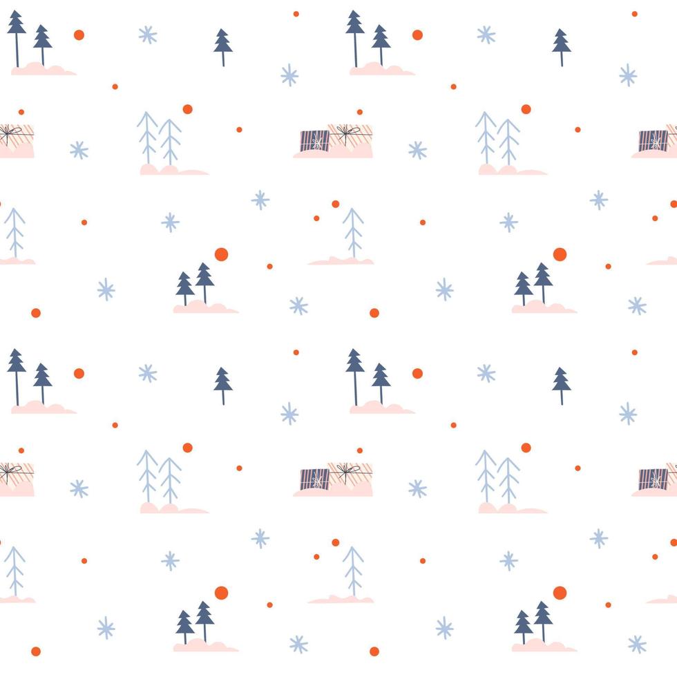 modèle sans couture de noël avec des arbres. motif d'hiver avec une variété de pins et de sapins. illustration de stock vectoriel avec coffrets cadeaux sur fond blanc avec des accents rouges