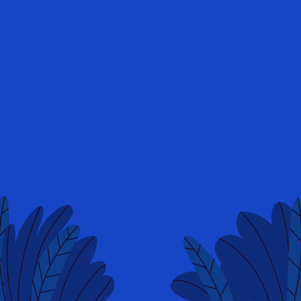 fond bleu avec des feuilles et des plantes en bas. cadre bleu carré avec un espace vide au centre et en haut. illustration vectorielle stock de paysage de nuit simple dessin animé. vecteur