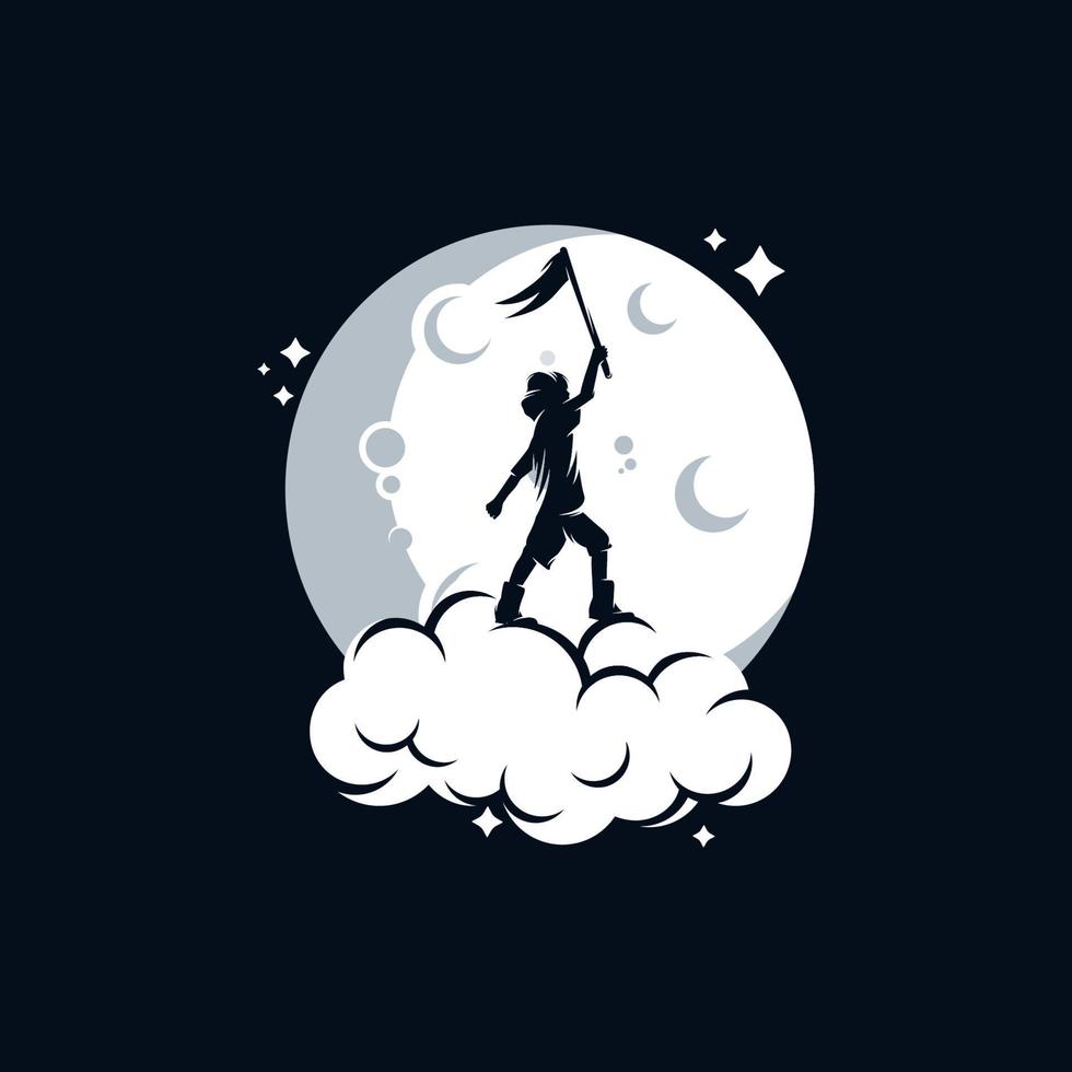 petit enfant tient un drapeau sur la lune vecteur