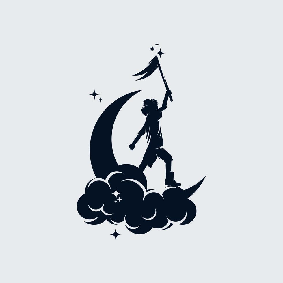 petit enfant tient un drapeau sur le logo de la lune vecteur