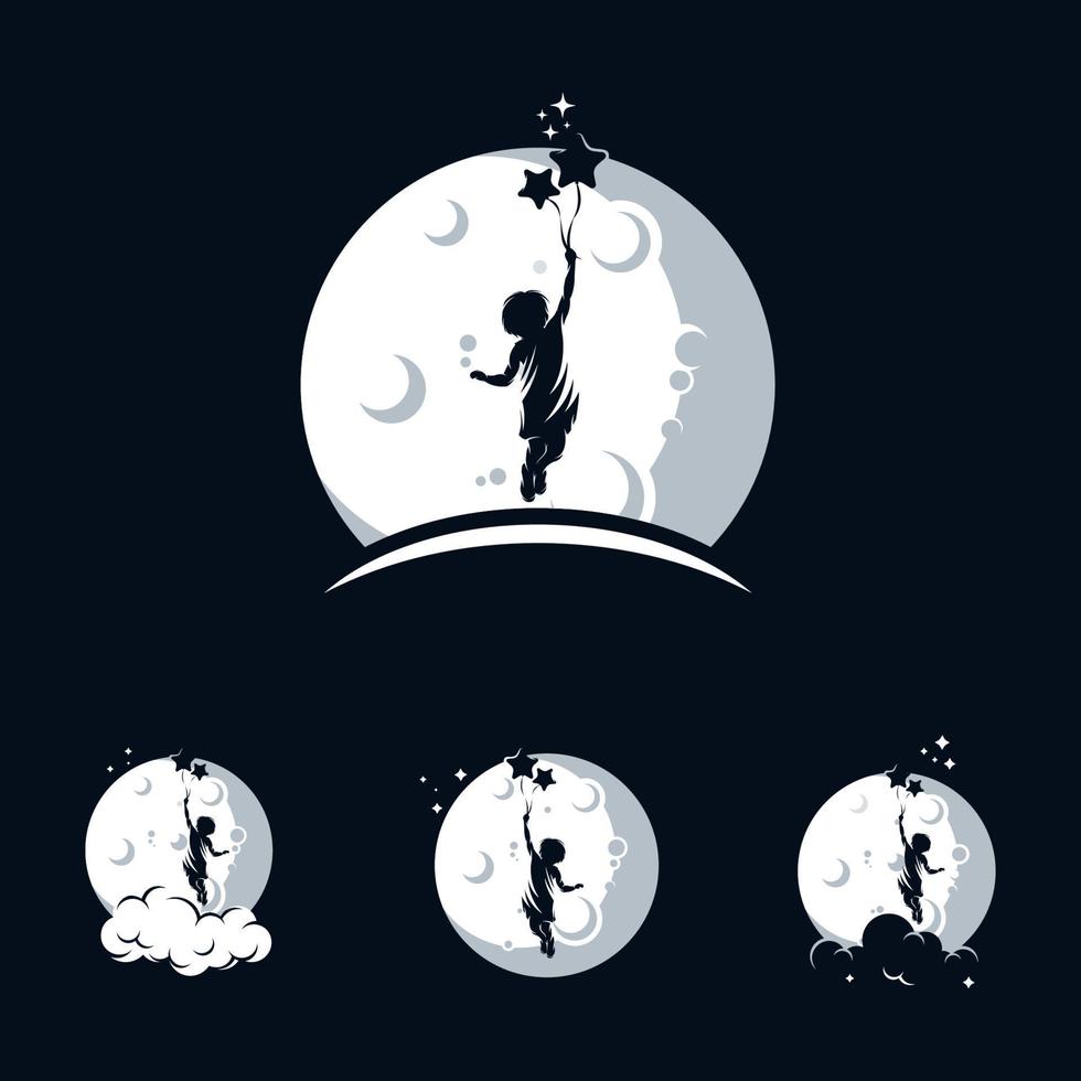 les petits enfants atteignent le logo des rêves avec le symbole de la lune vecteur