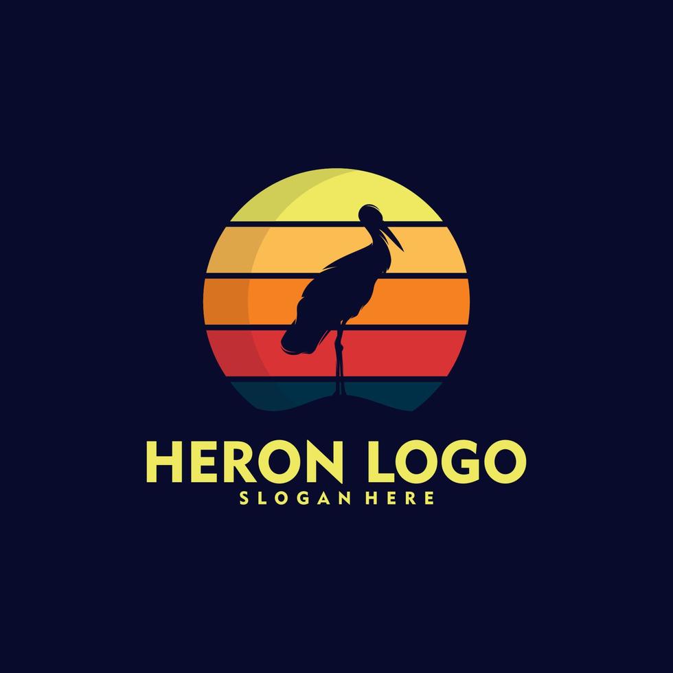 silhouette cigogne héron oiseau sur la création de logo au coucher du soleil vecteur