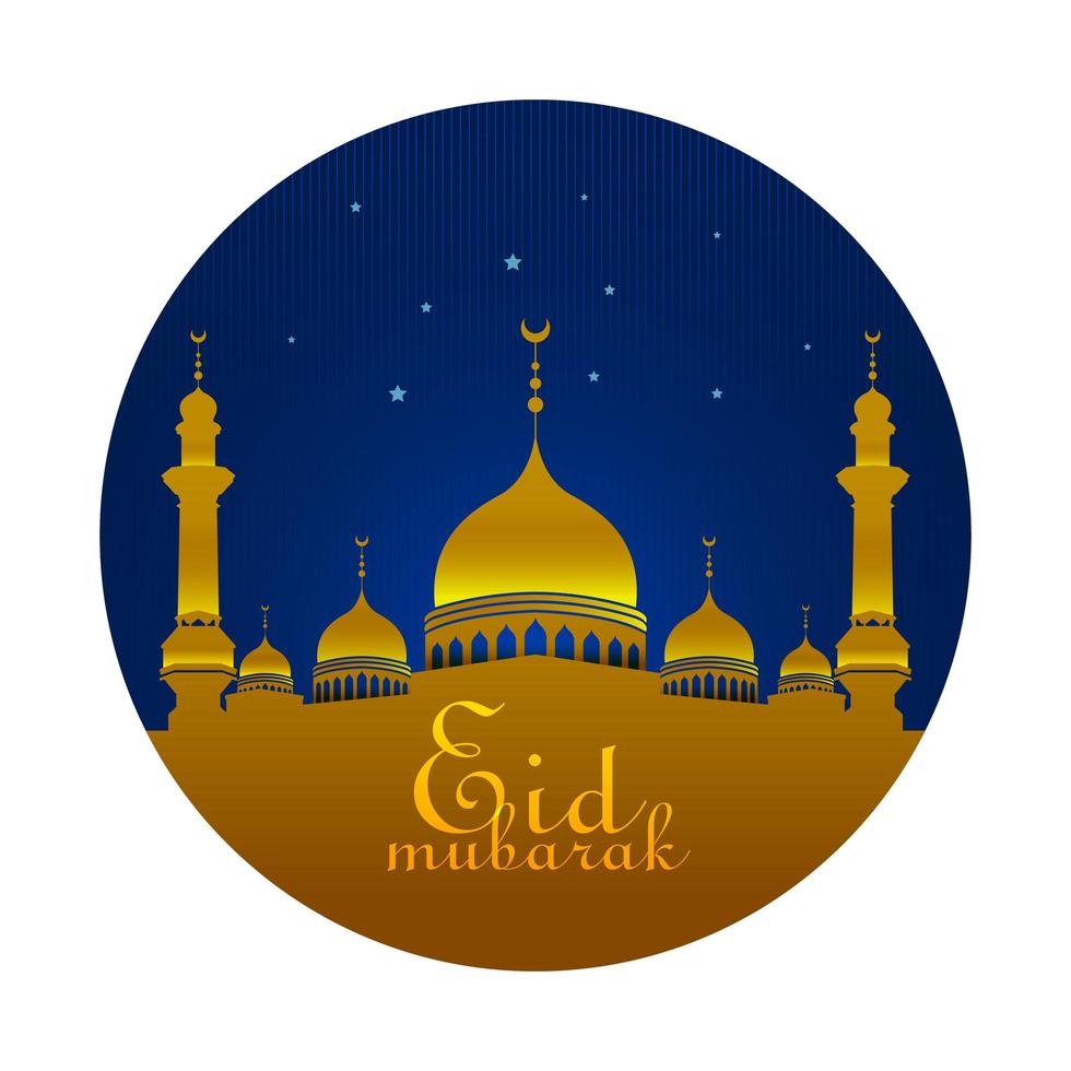 eid mubarak salutation avec mosquée la nuit avec des étoiles bleues vecteur