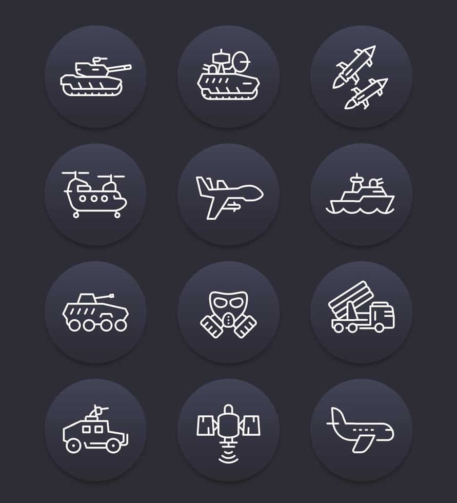 icônes de la ligne de l'armée, char de combat, drone militaire, aviation, navire, missile balistique, hélicoptère, système antiaérien, marine, véhicules de combat blindés vecteur