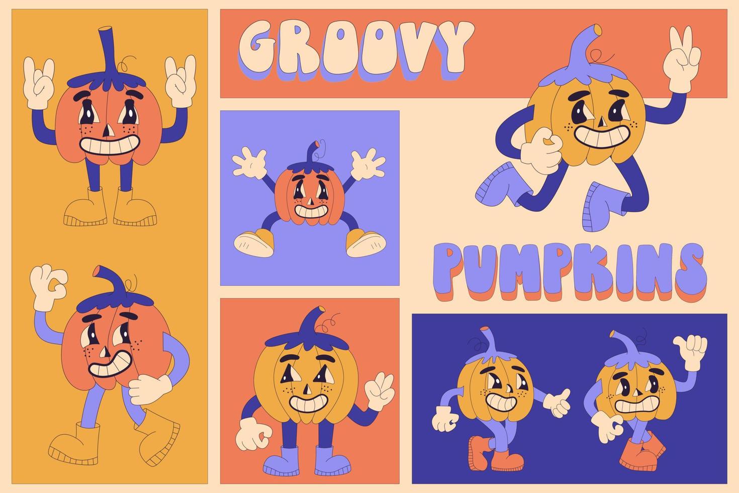 personnages de dessins animés de citrouilles d'halloween groovy. ensemble d'illustrations de bandes dessinées vectorielles avec des citrouilles dans un style de dessin animé rétro tendance. vecteur