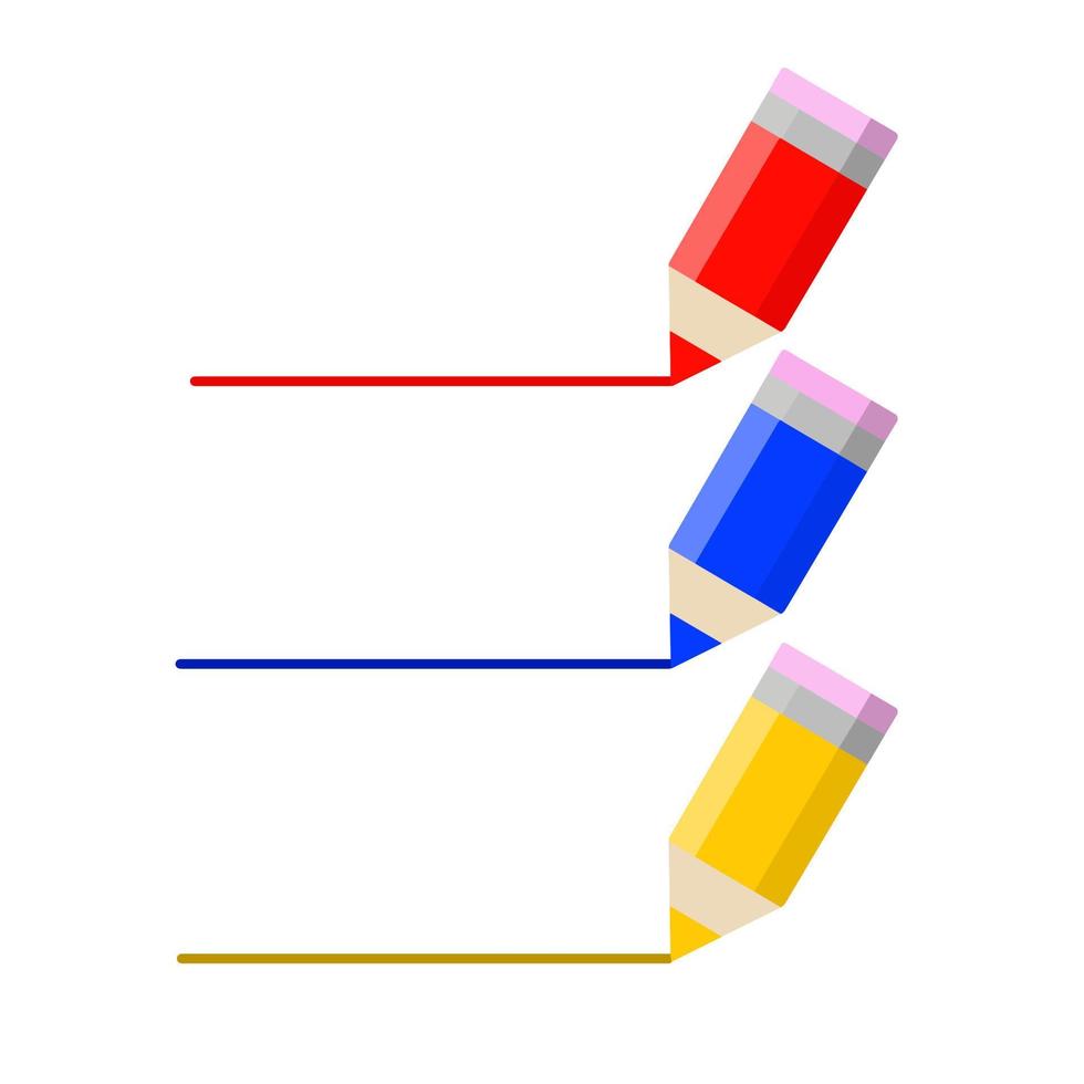 ensemble de crayons de couleur. icône pour la créativité et le dessin. loisirs et divertissements pour les enfants. papier à lettres rouge, bleu et jaune. dessin animé plat vecteur