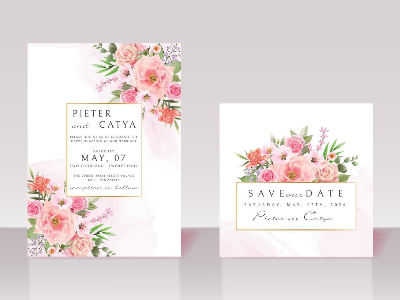 belles cartes d'invitation de mariage aquarelle florale rose vecteur