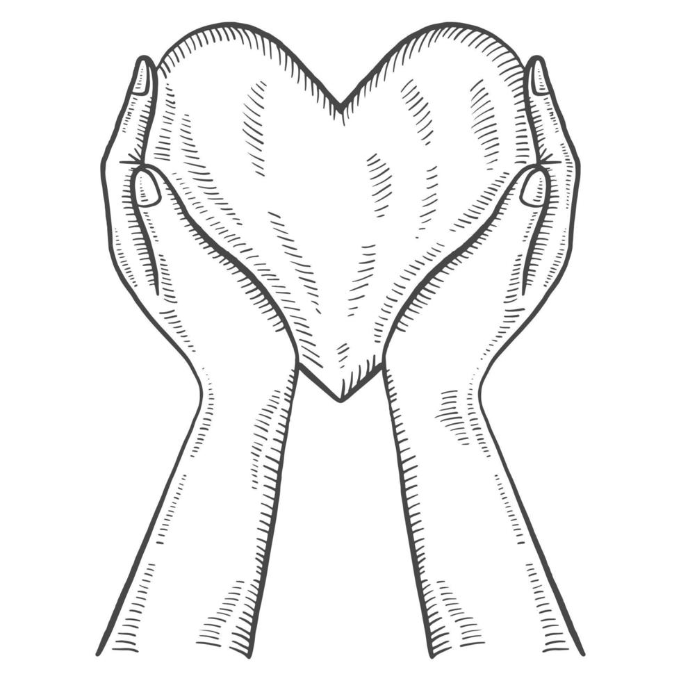 main tenir coeur charité humanitaire journée internationale isolé doodle croquis dessiné à la main avec style de contour vecteur